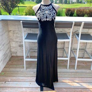 Vintage Y2K Black Satin Embroidered Glitter Empire Waist Halter Maxi Dress Gown